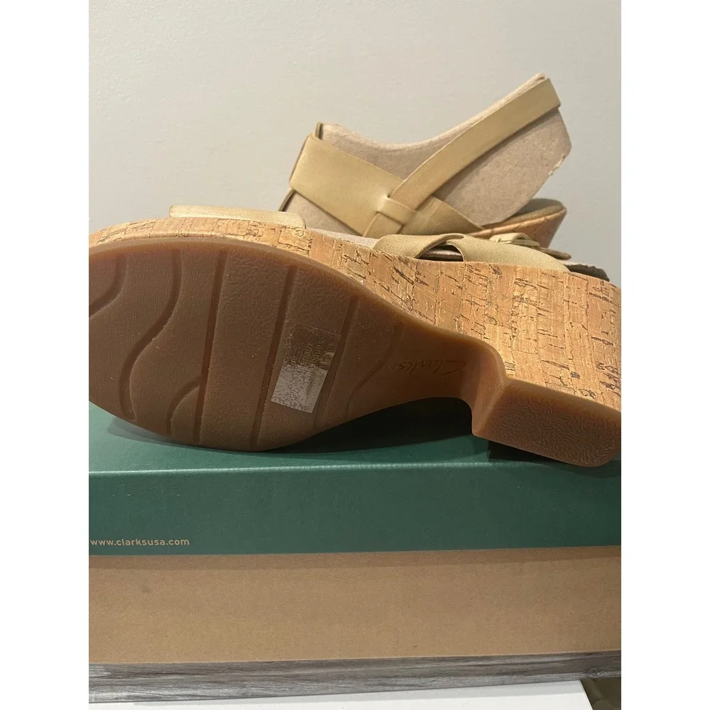 Clarks Rose Memory Sandstone Leather Wedge Sandals Tan 8.5M NEW